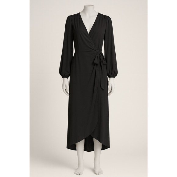 Express Women’s Black Whimsigoth Long Sleeve Faux Wrap Midi Dress Tie Waist - XL - Picture 1 of 9